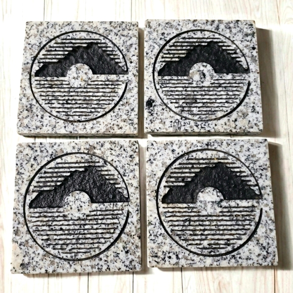 4 Marble Mountain Scape Summit Drink Coaster Set Rubber Back 4 Inch Black Grey - Picture 1 of 6